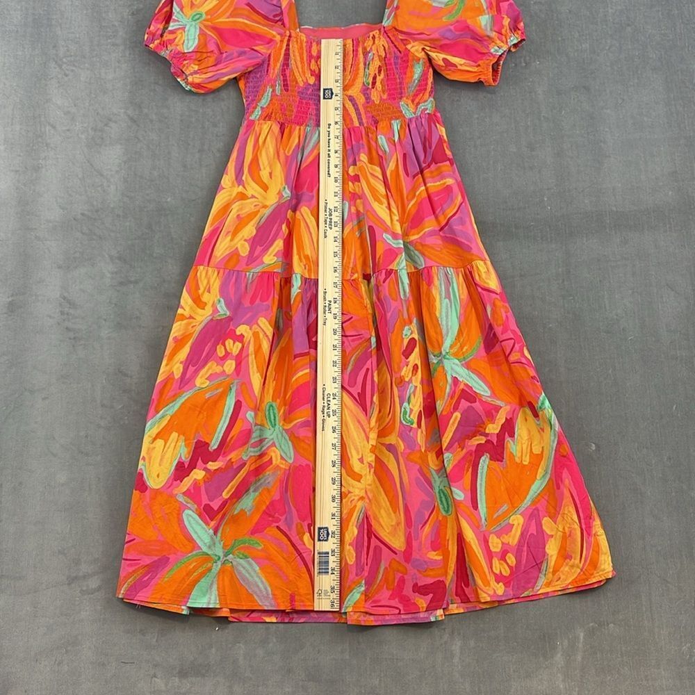 Crystal Sky Brush Pink Floral Tiered Puff Short Sleeve Cotton Midi Dress Size M - Picture 8 of 11